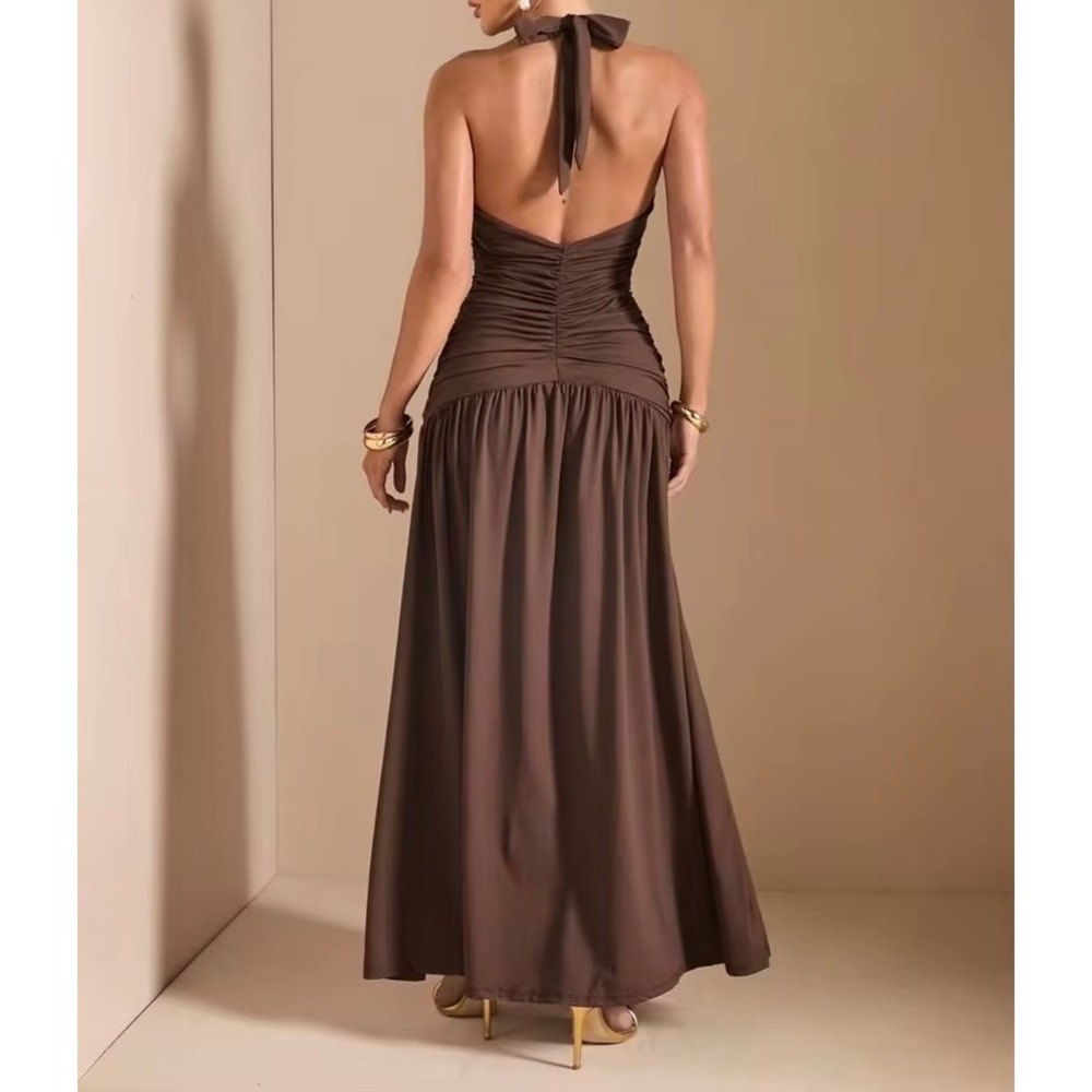 SHEIN chocolate Brown Halter Maxi Dress Plunging Ruched Slit Backless Evening - Picture 2 of 4